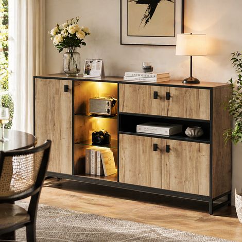 Meuble de rangement moderne minimaliste à double portes, étagère ouverte, tablettes en verre et séparations intérieures ajustables – solution polyvalente pour salon, salle à manger et bureau. (1/5)