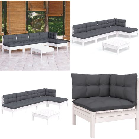 Salon de jardin 6 pcs avec coussins blanc bois de pin - Ensemble Salon De Jardin - Salon De Jardin En Bois - Mobilier De Jardin - Meubles De Jardin - Set Salon De Jardin - Home & Living (1/5)