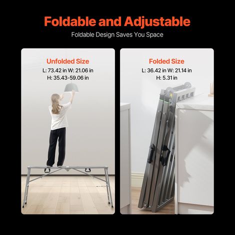 Plateforme de Travail Échafaudage Pliant Portable 900/1100/1300/1500 mm Acier Allié, Capacité de Charge 400 kg, Pieds Antidérapants, Tabouret de Peinture pour Cloisons Sèches, Nettoyage, Lavage (1/5)