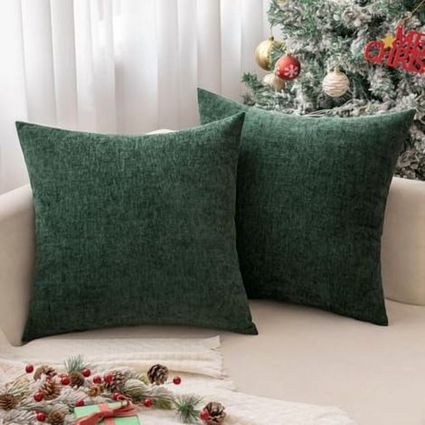Deux housses de coussin vert Noël, 45 x 45 cm, en tissu chenille doux, convenant aux canapés, salons, bancs, teinture unie. (1/5)