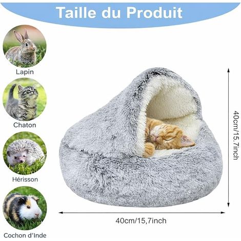 Lit pour Chat,Doux en Fausse Fourrure,Coussin Lavable avec Capuche,Lit Rond en Peluche pour Chat,Cochon d'Inde et Chaton, Gris, 40 cm (1/2)