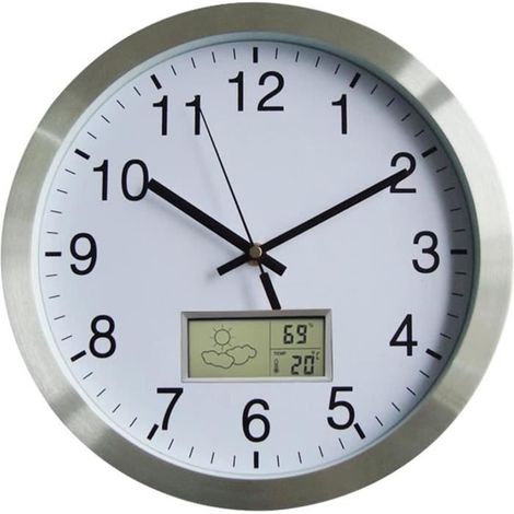 Horloge Murale - 30CM - Radio Pilotée - Thermomètre - Silencieuse - Métal Argenté (1/4)