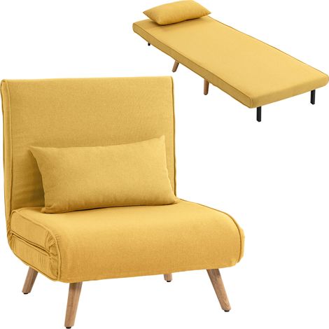 HOMCOM sofá cama individual sillón cama plegable tapizado en lino con respaldo ajustable en 5 posiciones y almohada 72x75x85 cm amarillo (1/5)