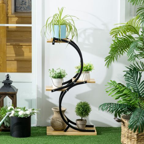 Stand de plantes avec 4 étagères - noir + naturel - bois massif - résistant aux intempéries - 46 cm x 25 cm x 91 cm (1/4)