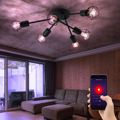 Plafoniera LED RGB intelligente DIMMERABILE Lampada da soggiorno a gabbia retrò nera controllabile da cellulare
