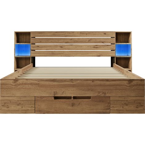 Doppelbett 180x200 mit Stauraum, LED und USB-C-Anschlüssen, Eicheffekt (1/5)
