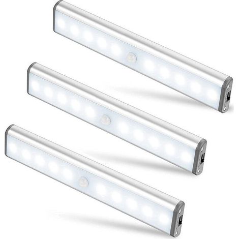 Lot de 3 lampes 10 LED sans fil rechargeables USB - Aimantées - détecteur de mouvement - 2 modes d'éclairage - Placard, secours et veilleuse enfant (1/5)