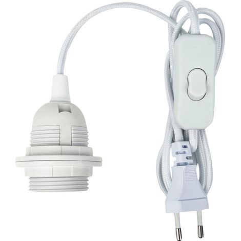 Tibelec – Kit cordon électrique pré-équipé E27 – Câble tissu blanc 1.5m – Douille filetée + 2 bagues – Fiche 2 pôles pour luminaires
