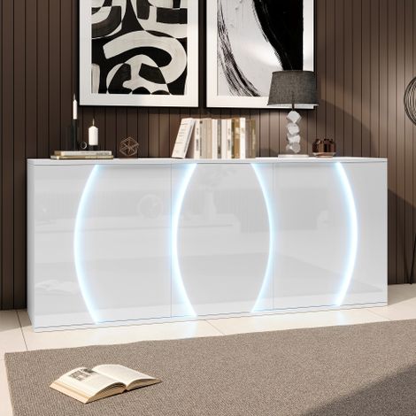 Buffet de salon avec trois portes, meuble de rangement avec portes LED, blanc, en panneaux de particules, 150 x 40 x 70 cm