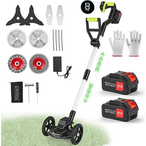 Cordless Brushcutter, Electric Edge Trimmer with 2 4.0Ah Batteries, Brushless Motor, 5-in-1 with 3 Blades + Wheels, 90° Adjustable Head, Telescopic Pole 110-140 cm, Lightweight for Garden (1/5)