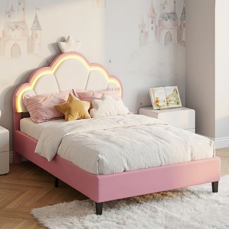 Cama infantil individual 90x200 cm estilo princesa con cabecero de corona y LED, somier de láminas, estructura tapizada en terciopelo para niña, rosa (1/5)