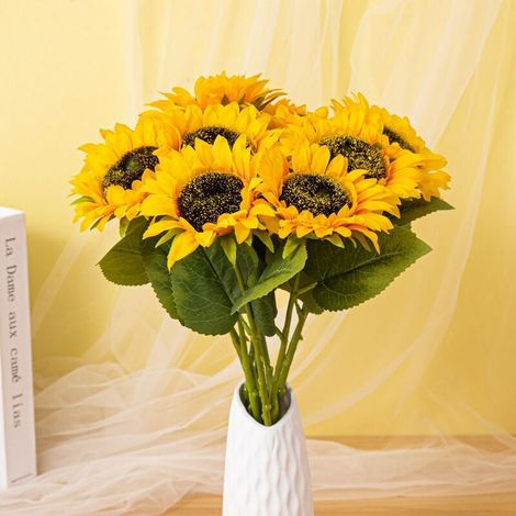 6 pièces longue tige artifici tournesols tournesol fleur de soie pour extérieur maison mariage fête d'anniversaire décoration couleur jaune (1/5)