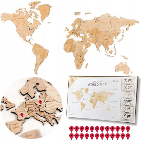 Carte du monde murale 3D en bois, grand format XXL (181 x 100 cm) + punaises autocollantes (1/5)
