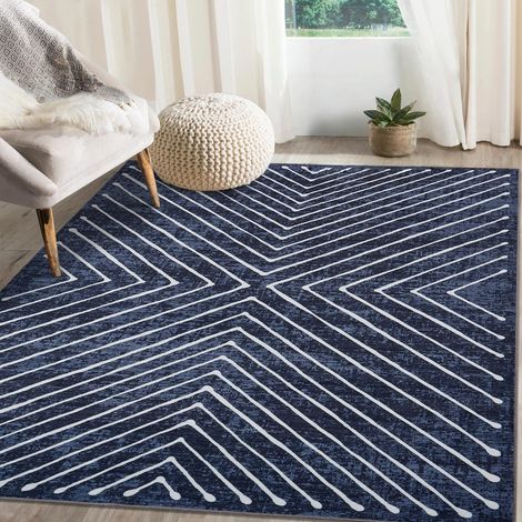 120 x 170 cm Tapis lavable pour salon, tapis géométrique moderne, tapis de chambre à coucher à rayures contemporains, tapis doux à poils courts pour chambre d'enfant, bureau, bleu (1/5)