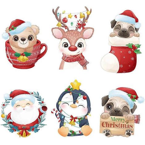 Lot de 6 stickers muraux de Noël amovibles : sapin, bonhomme de neige, Père Noël, renne, chaussette de Noël, autocollants en vinyle pour la décoration des fêtes d'hiver (1/5)