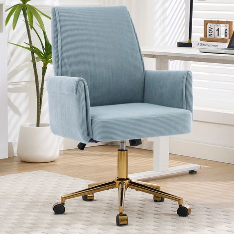 Sillón de oficina ergonómico con reposabrazos, base metálica dorada, revestimiento de terciopelo acanalado azul (1/5)
