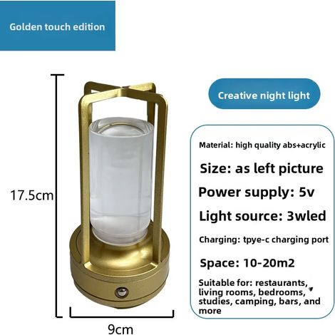 Lampe de bureau rechargeable USB (dorée), lampe de chevet LED, veilleuse douce pour les yeux