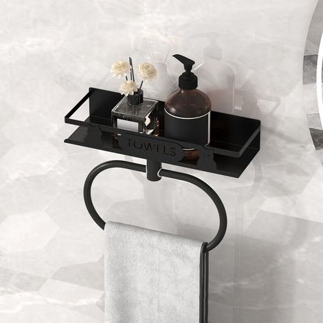 Étagère sans perçage, porte-serviettes et porte-douches multifonctionnel, étagère de salle de bain noire