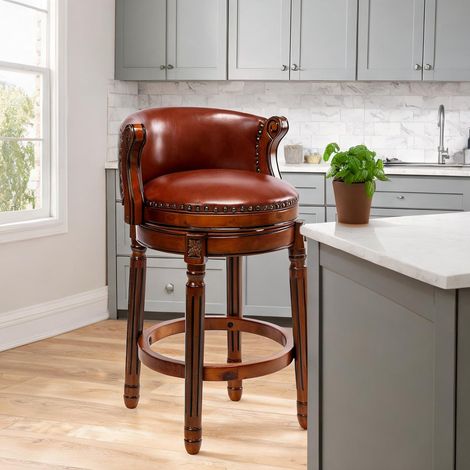 Tabouret de bar pivotant en cuir et bois massif coloris marron (1/5)