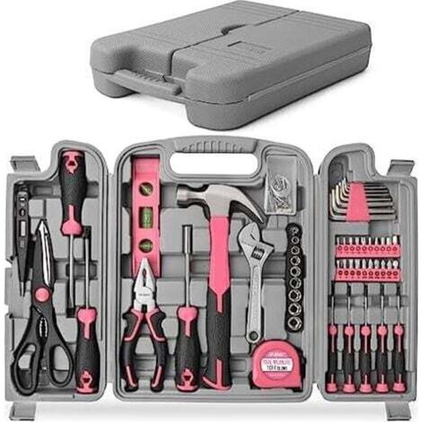 Complete 56-Piece Pink Tool Set - Tool Kit with Storage Box - Hammer, Scissors, Screwdriver, Allen Keys and Tool Kit - for Home or Work Use (1/4)