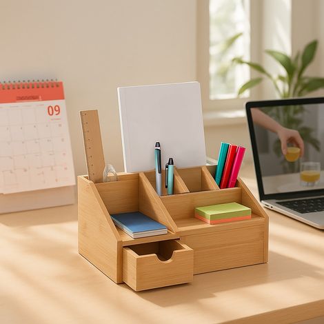 Organizer da scrivania in bambu con cassetto 6 scomparti