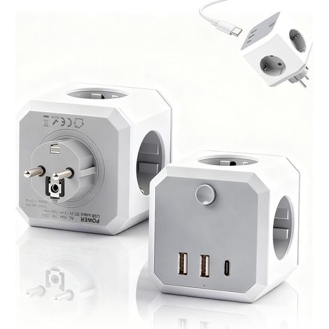 Multiprise avec Interrupteur, 7-en-1 Multiprise Cube, 4 Prises avec 3 USB(2 USB-A et 1 USB-C), Multiprise Murale Bloc Prise pour la Maison/Le Bureau, Blanc (1/5)