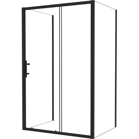 U-Form Duschkabine 140cm Schiebetür mit 2x Seitenteil 80cm x195cm, 6mm NANO ESG Klarglas,Komplett Matt-Schwarz, Nischentür (1/5)