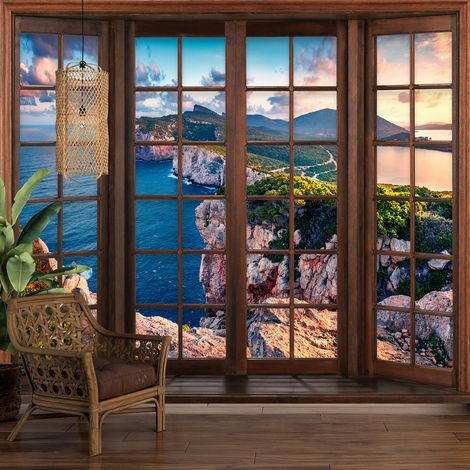 Papier peint panoramique Trompe l'oeil Fenêtre en bois - Vue Mer - 130 cm x 104 cm (1/5)