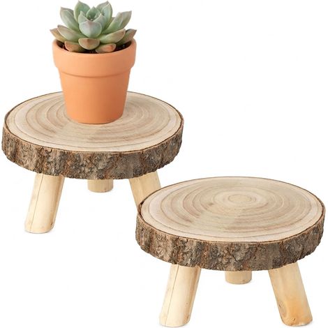 Blumenhocker aus Baumscheibe rund mit Rinde Ø 16 cm - 2er Set - Holz Pflanzenständer natur auf 3 Füßen