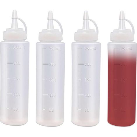Paquete de 4 botellas exprimibles，Botellas de plástico exprimibles de 250 ml (8 oz) para salsas con tapa，aderezos para ensaladas (1/5)