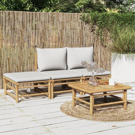 Salon de jardin en bambou - FAF EICY - 3155107 - 4 pcs modulable - coussins gris clair - table incl. (1/5)
