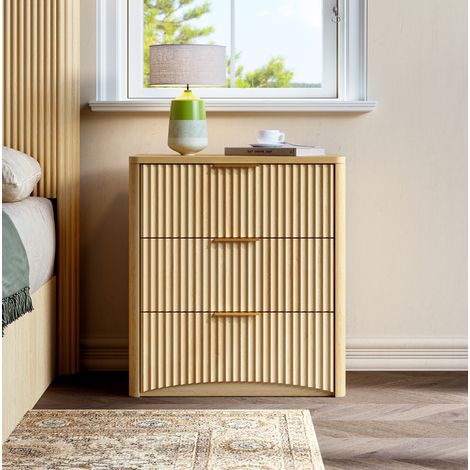 Table de chevet à 3 tiroirs en MDF finition chêne, poignées en métal doré, OKWISH (1/5)