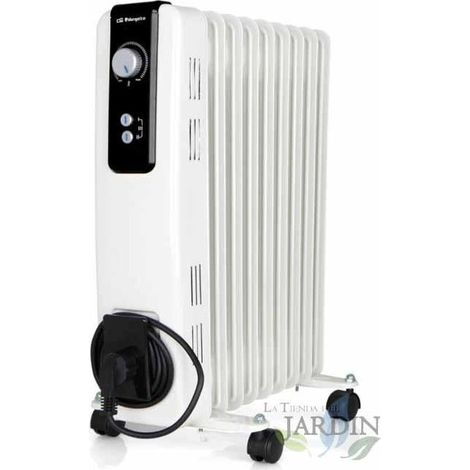 Riscaldatore ad olio con 9 elementi. Potenza massima di 2.000 W. Termostato regolabile. 3 potenze di riscaldamento: 800 W - 1200
