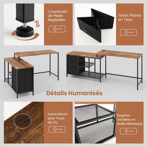 Bureau d angle marron 2-en-1 avec prise intégrée, 3 tiroirs en tissu et étagères grillagées pour bureau, chambre et salon (1/5)