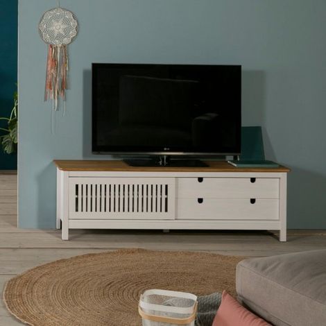 Mobile porta Tv con anta scorrevole effetto griglia e cassetti in legno massiccio 158 colore bianco e pino Bruna