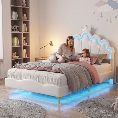 Lit double rembourré 140x200cm, Lit fille princesse avec tête de lit couronne réglable, Lit enfant 140x200cm avec sommier LED, PU, Blanc, sans Matelas (1/5)