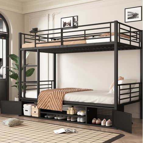 Letto a castello 205x95.5x156.5 cm nero in metallo con scarpiera e armadietti (1/5)