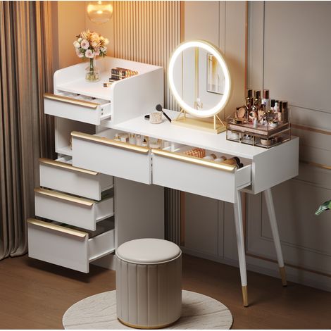 Coiffeuse blanche 6 tiroirs, plateau coulissant, miroir LED dimmable HAVRYA (1/5)