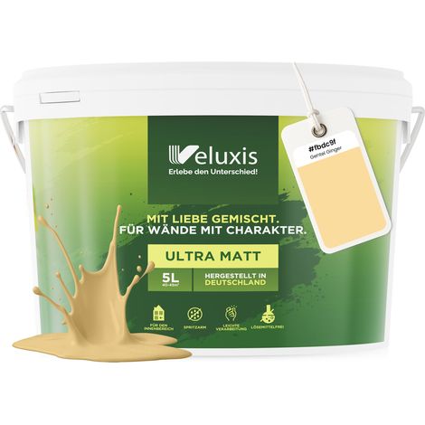 Wandfarbe Gelb Gold Beige Matt Innenfarbe – Deckkraft Klasse 1, VOC-frei, Ohne Grundierung, Tropfarm – Wohnzimmer & Schlafzimmer – 2,5L – Veluxis (Gentle Ginger)