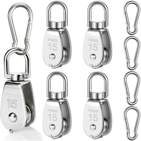 Ensemble de 4 poulies M15 en acier inoxydable pour cordes, poulie de retour avec 4 mousquetons M6, faible capacité de charge de 35 kg pour voiles d'ombrage, équipements de fitness, treuils. (1/5)