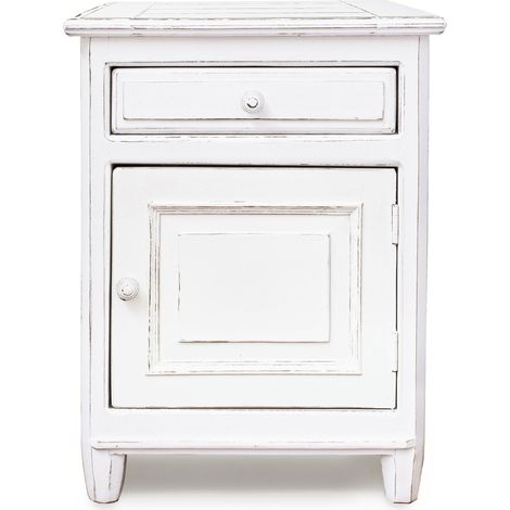 Chevet côté gauche 1 porte en bois de manguier blanc patiné Kolita 50cm (1/5)