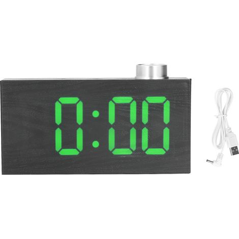 Réveil numérique LED de bureau avec port USB, thermomètre électronique et finition imitation bois vert (1/5)