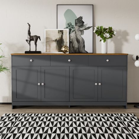Buffet 160 x 37 x 75 cm, 4 portes, 3 tiroirs, gris noir et bois HAVRYA (1/5)