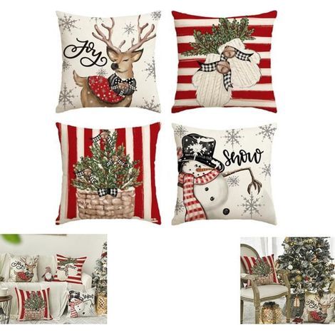 Christmas cushion cover 45x45 cm, striped pattern with snowman, reindeer, and mittens, red, for sofa - Set of 4 pieces