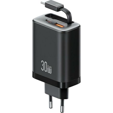 Chargeur mural USAMS Xiang Series CC296 30 W, 1 port USB-C, 1 port USB-A et câble USB-C, noir (1/5)
