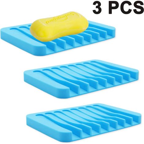 Plato de jabón de silicona con drenaje, juego de 3, bandeja de jabón auto-drenante, soporte de jabón, ducha/baño/cocina, soporte de esponja (1/5)