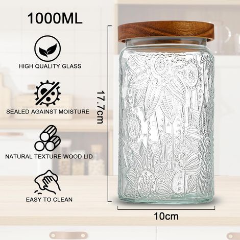 1000ML Vorratsdosen Glas mit Deckel 2er Set, Luftdichte Aufbewahrungsgläser Küche Gewürzgläser, Großer Glasbehälter mit Holzdeckel für Küche, Speisekammer, Kaffeebohnen, Mehl, Hafer, Getreide, Nudeln