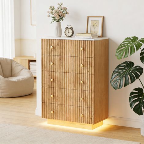 Cassettiera 5 cassetti effetto legno naturale con illuminazione LED a 3 colori, mobile contenitore in stile scandinavo, finitura rovere chiaro e bianco, settimino 73x40x110 cm