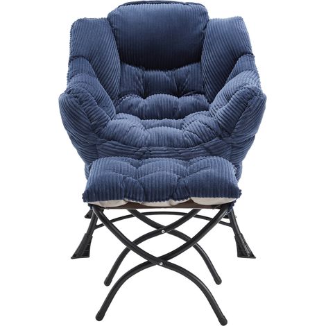 Relaxsessel mit Fußhocker aus blauem Stoff, Stahlgestell und Seitentasche MODENUIT (1/5)