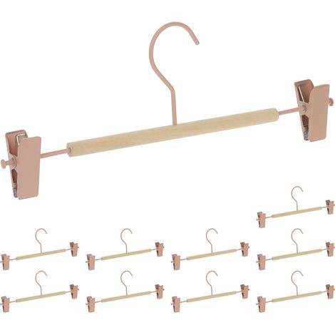Relaxdays Trouser Hangers, 10x Set, Wood & Metal Clips, Extra Wardrobe Storage, HxWxD: 11.5 x 30.5 x 3 cm, Pink/Natural